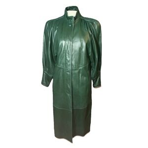 Vintage 80s Evan Arpelli Ivy Leather Drama Coat Size Large Green Long Shoulder